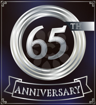 Anniversary silver ring logo number 65. Anniversary card with ribbon. Blue background. Vector illustration.