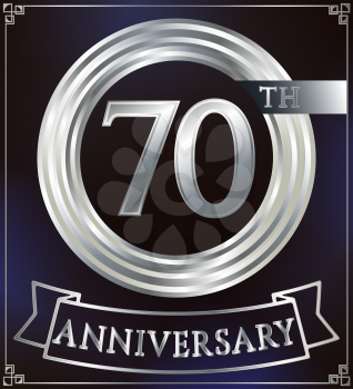 Anniversary silver ring logo number 70. Anniversary card with ribbon. Blue background. Vector illustration.
