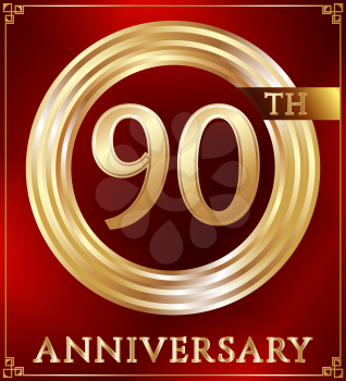 Anniversary gold ring logo number 90. Anniversary card. Red background. Vector illustration.