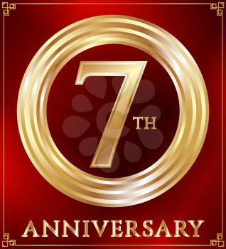 Anniversary gold ring logo number 7. Anniversary card. Red background. Vector illustration.