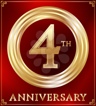 Anniversary gold ring logo number 4. Anniversary card. Red background. Vector illustration.