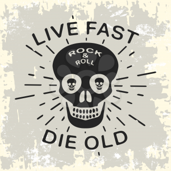 T-shirt print design. Rock and roll vintage stamp. Live fast - die old. Printing and badge applique label t-shirts, jeans, casual wear. Vector illustration.
