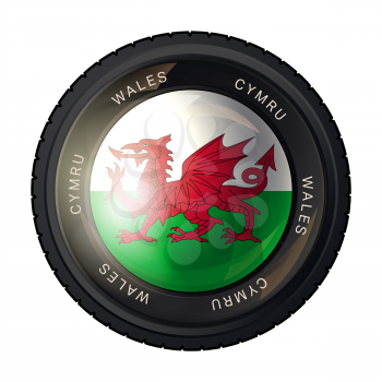 Wales flag icon. Flag of Wales in a camera lens on white background. Vector illustration.