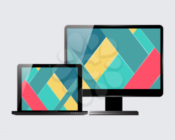 Laptop and computer display. Material design screensaver. Vector illustration.