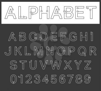 Alphabet font template. Connection dots design. Letters and numbers. Vector illustration.
