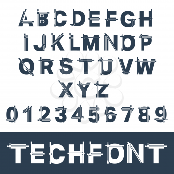 Techno alphabet font template. Set of letters and numbers. Vector illustration