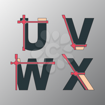 Alphabet font template. Set of letters U, V, W, X logo or icon. Vector illustration