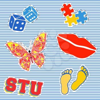 T-shirt print design. Patch fashion, vintage stamp. Printing and badge applique label t-shirts, jeans, casual wear. Puzzle butterfly dices footprint and red lips. Vector illustration.