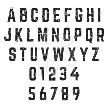 Alphabet font template. Letters broken and numbers. Vector illustration.