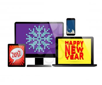 New Year 2017. Monitor PC computer, laptop, smartphone and tablet with various screen savers. Vector illustration.