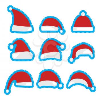 Christmas hat patch design. Printing and badge applique label t-shirts, jeans, casual wear. Santa Claus hats. Happy New Year and Merry Christmas decoration element. Vector illustration.