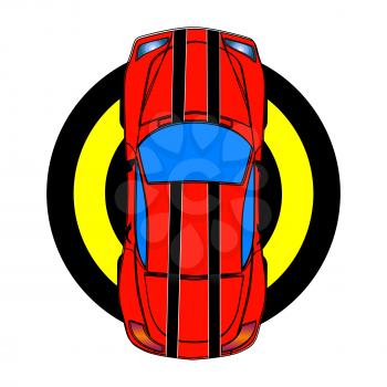 Red sport car with black stripes. Top view. Vector illustration.