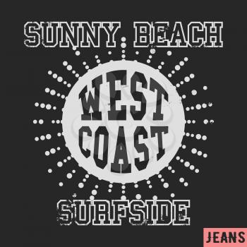 T-shirt print design. West coast vintage stamp. Printing and badge applique label t-shirts, jeans, casual wear. Vector illustration.