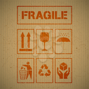 Grunge package handling labels on cardboard background. Fragile, this side up, glass, keep dry, keep clean, recycling, handle with care symbol. Vector illustration.