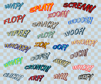 Comic sound effects set. Colorful cartoon words. Vector illustration.