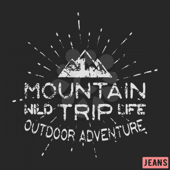 T-shirt print design. Mountain outdoor adventure vintage stamp. Printing and badge applique label t-shirts, jeans, casual wear. Vector illustration.