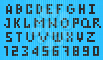 Retro pixel font old video game design. 8 bit letters and numbers. Vector illustration.