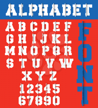 Alphabet font template. Letters and numbers ripped paper design. Vector illustration.
