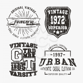 T-shirt print design. Set of various vintage stamp. Printing and badge applique label t-shirts, jeans, casual wear. Vector illustration.