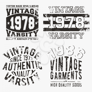 T-shirt print design. Set of various vintage stamp. Printing and badge applique label t-shirts, jeans, casual wear. Vector illustration.