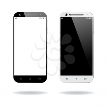 Black and white smartphones isolated. Mobile smart phone with blank screen. Cell phone mockup design. Vector illustration.