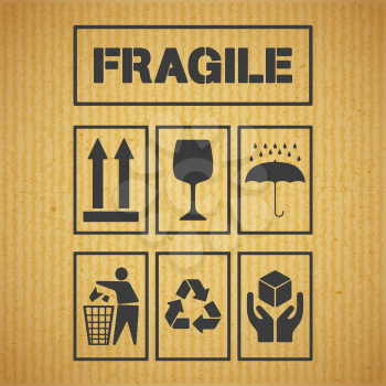 Set of package handling labels on cardboard background. Icon fragile, this side up, glass, keep dry, keep clean, recycling, handle with care symbol. Vector illustration.