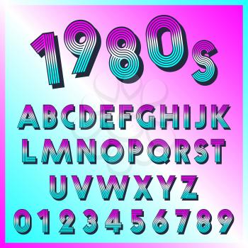 80s retro font template. Set of letters and numbers lines vintage design. Vector illustration.