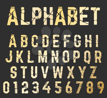 Broken font alphabet. Set of letters and numbers cracked design. Vector illustration.