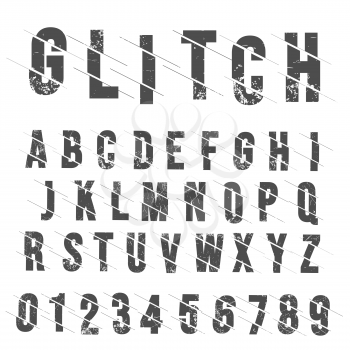 Glitch font alphabet template. Set of grunge numbers and letters. Vector illustration