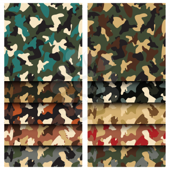 Camouflage clothing seamless patterns set. Collection military camo various color combination. Vector illustration.