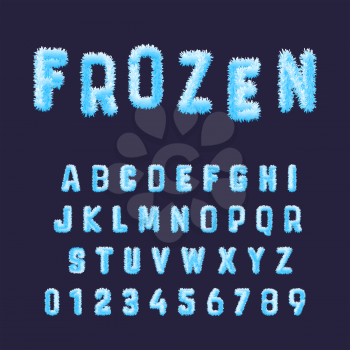 Frozen font alphabet template. Set of blue white hoarfrost numbers and letters. Vector illustration.