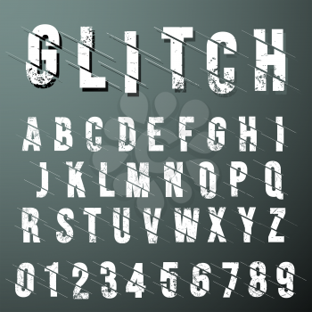 Glitch font alphabet template. Set of grunge numbers and letters. Vector illustration