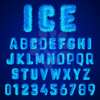 Ice font alphabet template. Set of blue frost numbers and letters. Vector illustration