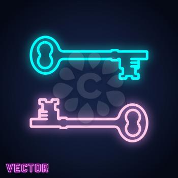 Key sign neon light design. Two keys icon. Vector illustration.
