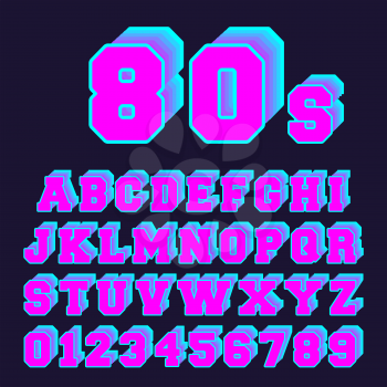 80s alphabet font design. Set of letters and numbers old video game style. Vector illustration.
