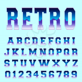 Retro alphabet font template. Letters and numbers 80s vintage design. Vector illustration.