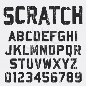 Scratched alphabet font template. Vintage letters and numbers grunge texture design. Vector illustration.