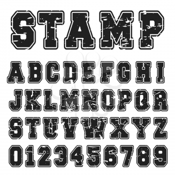 Alphabet font template. Vintage letters and numbers black stamp design. Vector illustration.