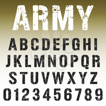 Alphabet font template. Vintage letters and numbers army stamp design. Vector illustration.