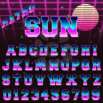 80s retro alphabet font template. Vintage letters and numbers vintage design. Vector illustration.