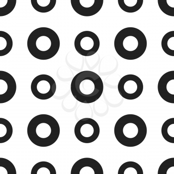 Seamless geometric patter with black circles on white background. 80s-90s retro design. Vector illustration.