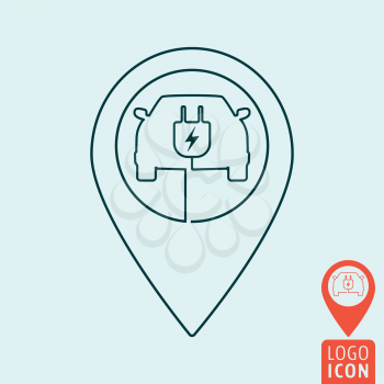 Electric car with map pin icon. Electrical cable plug charging station symbol. Vector illustration.