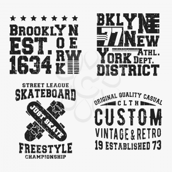 T-shirt print design. Set of various vintage t shirt stamp. Printing and badge applique label t-shirts, jeans, casual wear. Vector illustration.