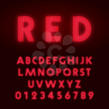 Red neon alphabet font. Letters and numbers line design. Vector illustration.
