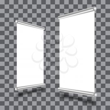 Blank roll-up banner display isolated on transparent background. Vertical roll up board template. Vector illustration.
