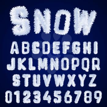 Snow alphabet template. Letters and numbers white frost design. Vector illustration.