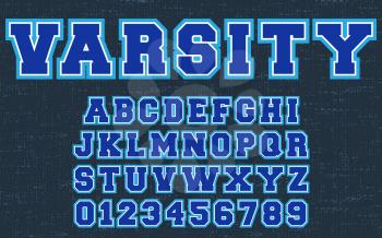 Varsity design alphabet template. Letters and numbers of college clothing style. Vector illustration.