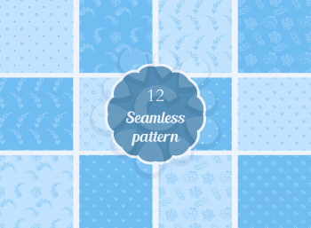 Abstract flowers, hearts, circles. Set of seamless patterns in soft blue and blue tones. The patterns for textiles, scrapbooking and other creative