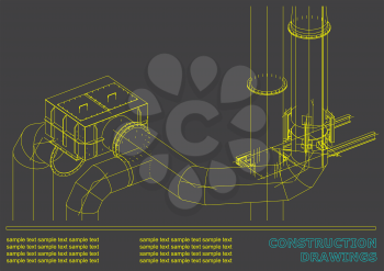 Construction drawings. 3D metal construction. Pipes, piping. Cover, background for inscriptions