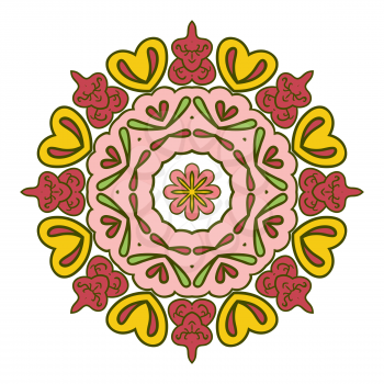Floral lace motifs. Mandala. Zentangl relaxation. Hand drawn background. Ethnic, national image. Heart. Pink and yellow tones
